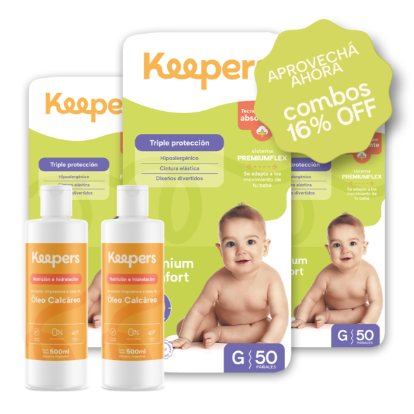 Súper Combo Mensual de 150 pañales Talle G + 2 Óleos Calcáreos Premium