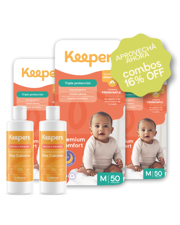 Súper Combo Mensual de 150 pañales Talle M + 2 Óleos Calcáreos Premium
