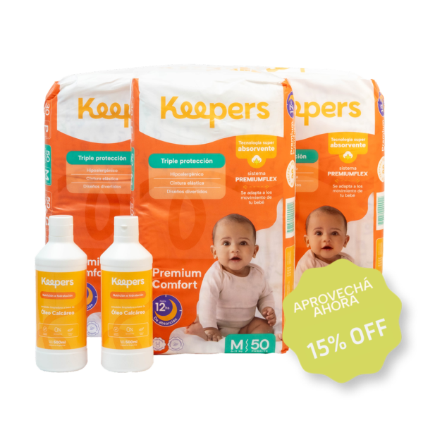 Súper Combo Mensual de 150 pañales Talle M + 2 Óleos Calcáreos Premium