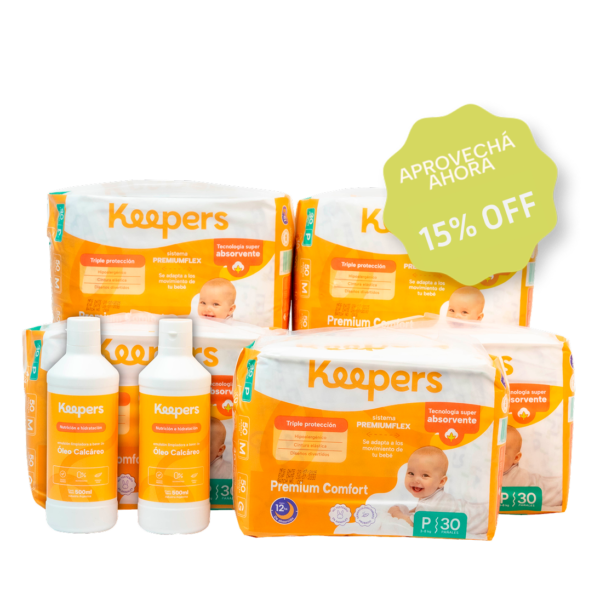 Súper Combo Mensual de 150 pañales Talle P + 2 Óleos Calcáreos Premium